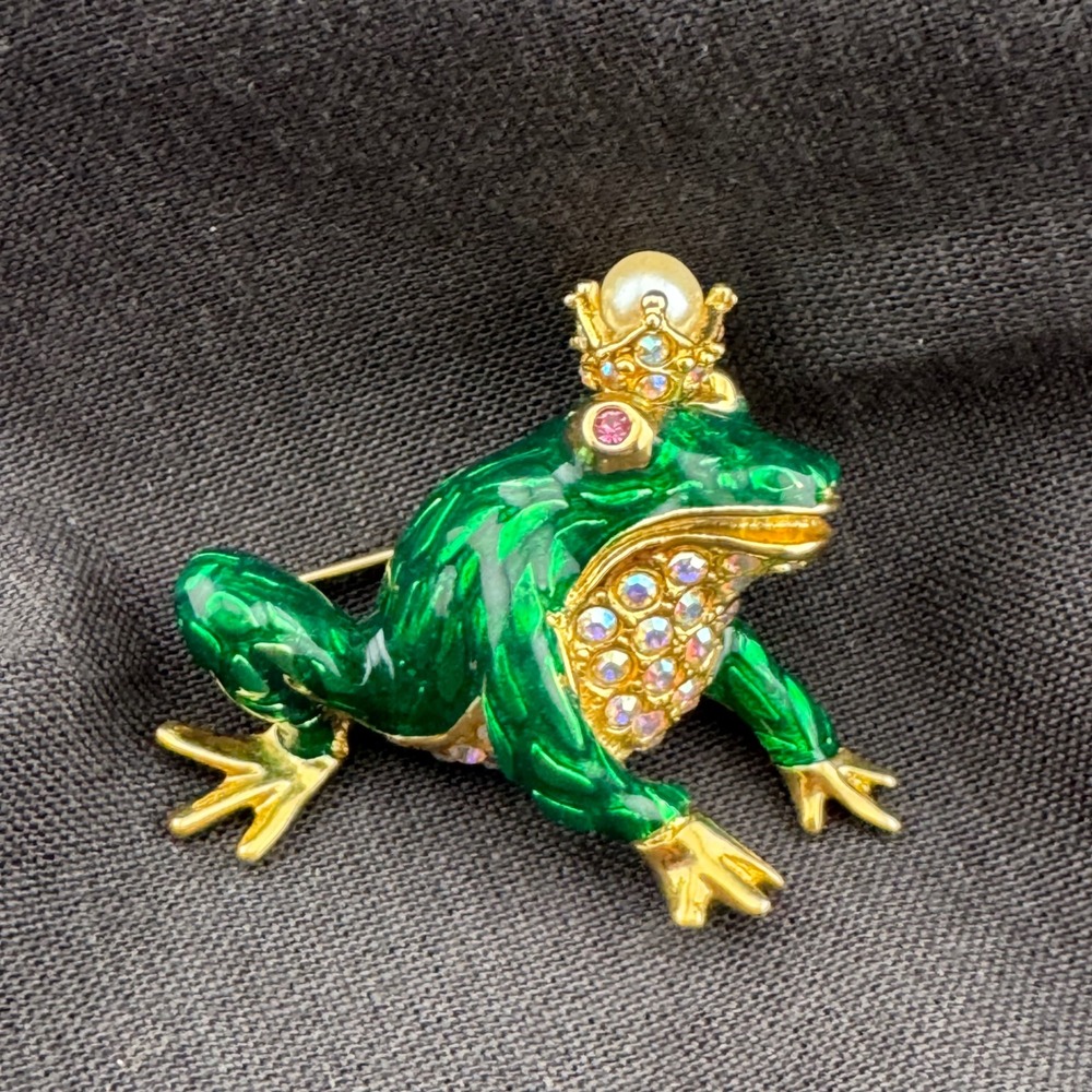 Vintage Frog Prince Brooch Graziano Green Enamel AB Rhinestone Crown Pin